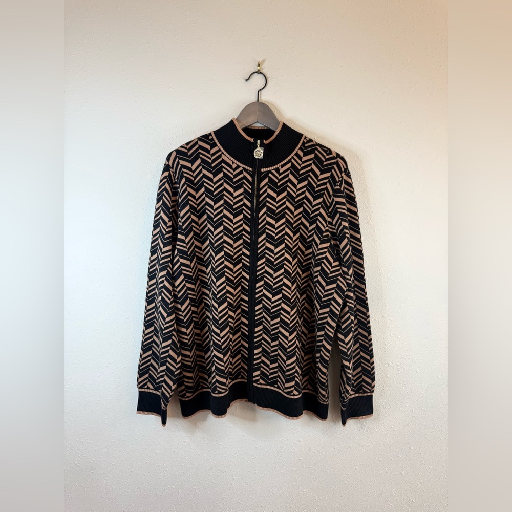 Anne Klein Women’s Graphic Black Camel Full Zip Cardigan Size 1X NWT